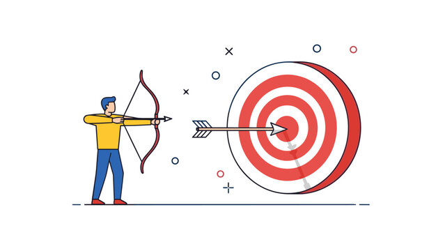 Archer in a yellow shirt pulls back a bow to shoot an arrow into the center of a large red and white bullseye target board.