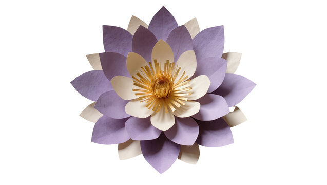 Exquisite handmade paper flower with layered purple, lavender, cream, and golden petals, isolated PNG on transparent background for crafts