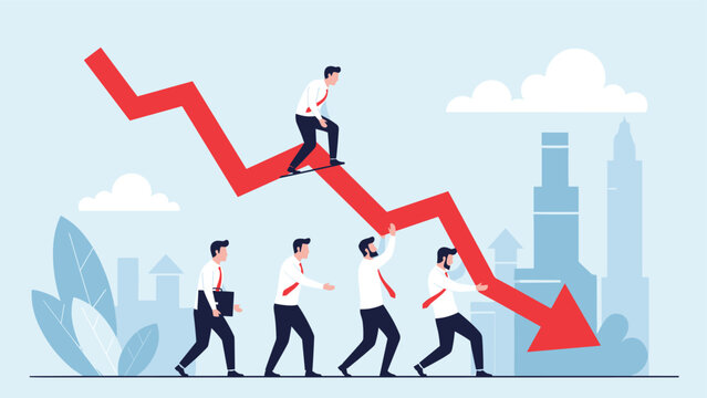 Group of businessmen try to support and push up a falling red line graph to prevent a financial crisis or market crash.