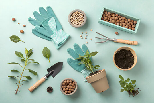 Gardening Tools Flat Lay on Pastel Background, Spring Preparation