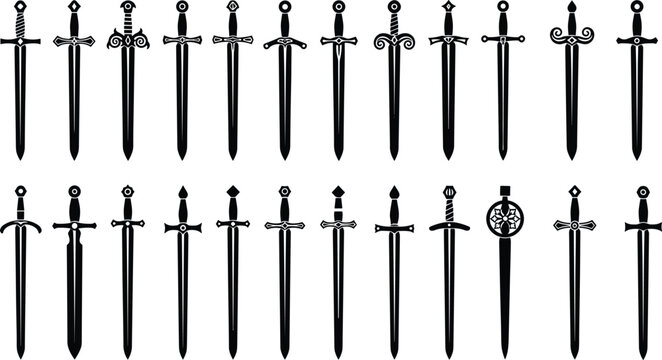 Set of twenty four medieval sword silhouette vector illustrations with diverse hilt designs, ancient weapon icons for gaming, heraldry, knightly combat, and historical graphic design.