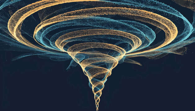 A vibrant vector graphic illustration of a swirling tornado with glowing lines on a dark background