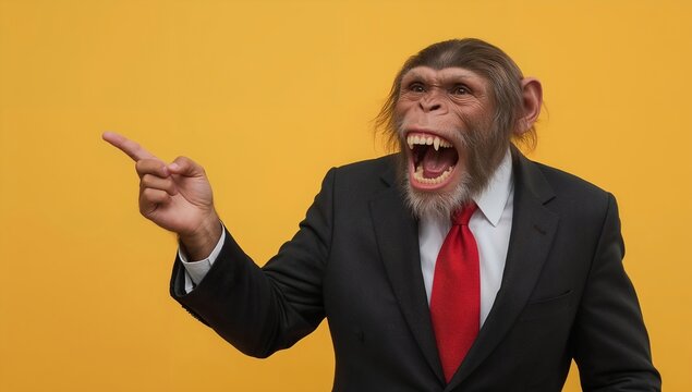 A surreal and intriguing image of a chimpanzee in a suit, pointing with one finger, and with its mouth open as if giving a speech. The chimpanzee seems very serious and expressive.