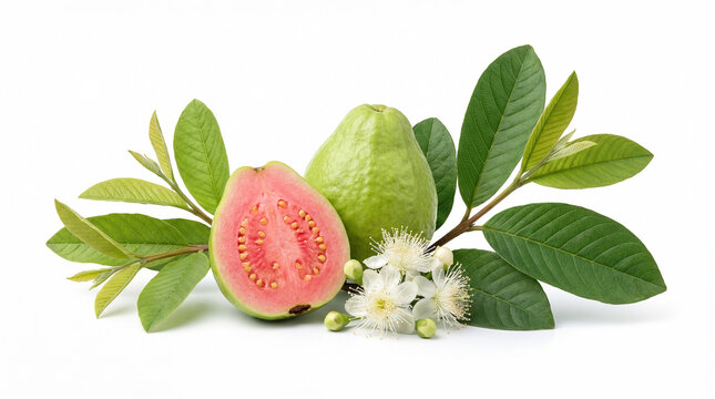 Fresh guava fruit with pink flesh half, leaf and flower isolated on white background.