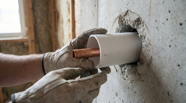 Worker drilling wall for pipe during plumbing installation process