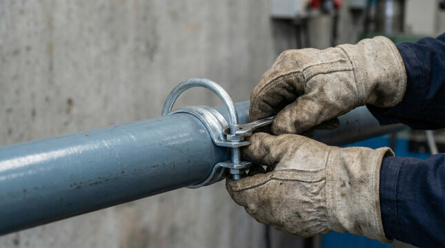 Worker attaching pipe clamp during plumbing installation process