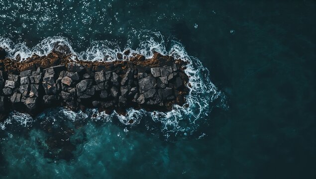A striking aerial view of the ocean waves crashing against a rock jetty, creating a textured contrast of elements