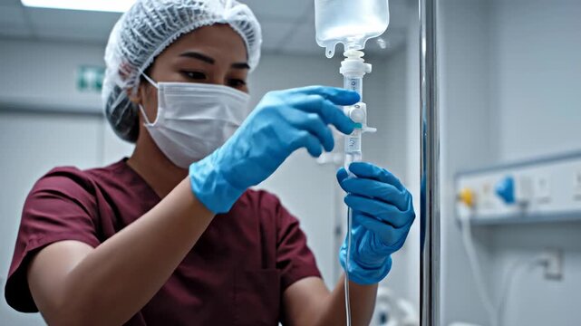  A female medical worker in the sterile conditions of a hospital. She is wearing a maroon medical gown, a white surgical mask, and a white pleated hair cap