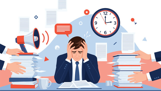 Stressed office worker feels overwhelmed by piles of paperwork and constant demands in a busy work environment.