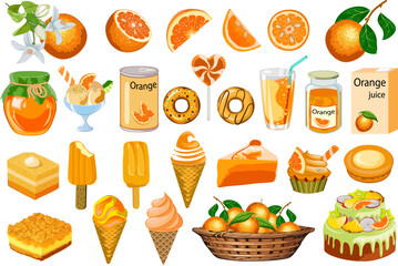 A large selection of orange products.Colored vector set of confectionery, juice and canned products made from ripe oranges. © Инна Федорова