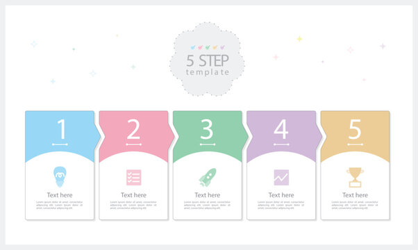 Cute pastel 5 step infographic card template, kawaii horizontal process flow layout for business presentation, UI design and workflow diagram vector