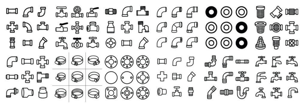 Plumbing icons with pipe valve fitting outline