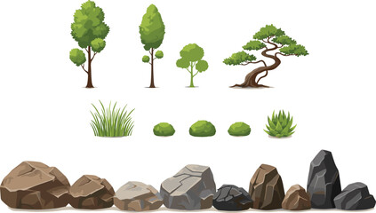 A collection of various stylized green trees shrubs grass and natural rock formations for design Vector © MdHajrot