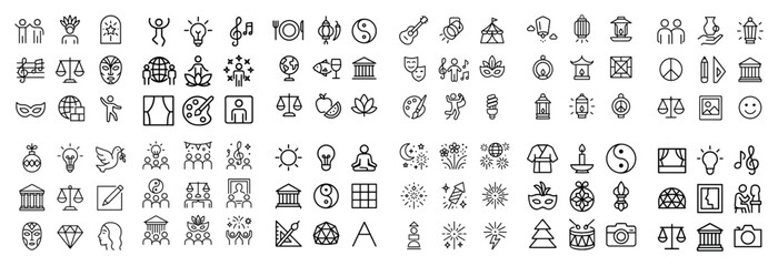Fototapeta premium Wellness icons with lotus candle temple outline