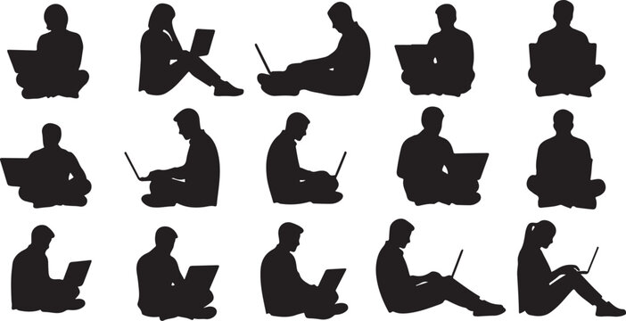 Silhouettes of people working on laptops sitting down