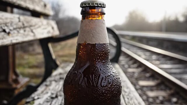 A close-up of a condensation-covered glass bottle resting on a weathered wooden bench, with train tracks receding into a hazy background, suggesting a quiet, nostalgic atmosphere