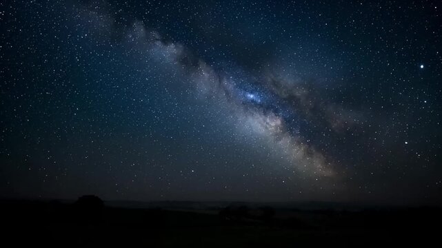 The Milky Way galaxy stretches across a clear, starry night sky with a dark landscape below,