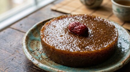 Macro shot of authentic Chinese Nian Gao sweet rice cake, perfectly steamed with a glossy sticky texture, garnished with a single red date.