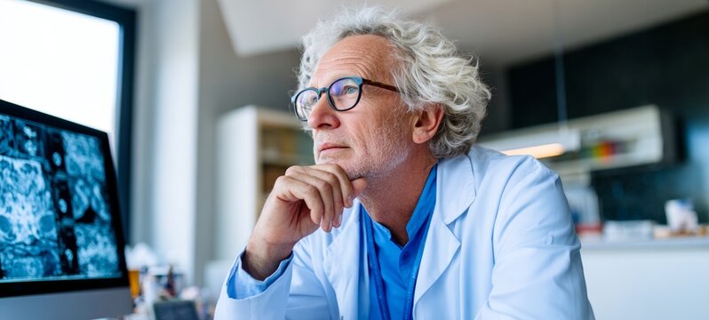 Man in white coat sitting at desk with computer.