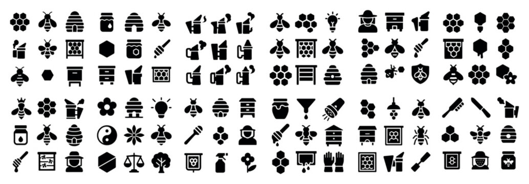 Nature icons with bee hive honeycomb silhouette