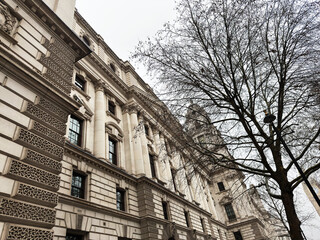 Naklejka premium Historic classical architecture of a grand government building in London, UK with bare winter trees