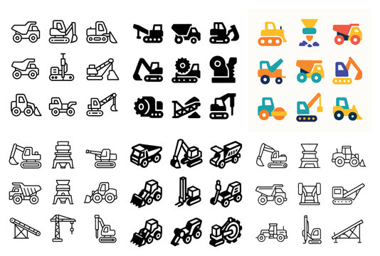 Construction icons with excavator dump truck colorful