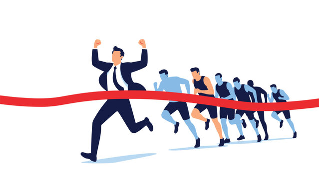 Determined businessman crossing the finish line first in a marathon race against competitors representing business success and victory.