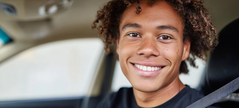 Man smiling in car.