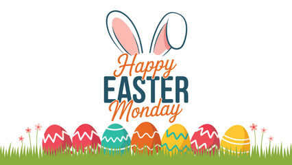 Happy Easter Monday typography with bunny ears and colorful eggs festive spring holiday greeting cheerful illustration design isolated on light background © Icons Queen