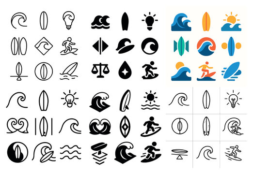 Surfing icons with wave board minimal