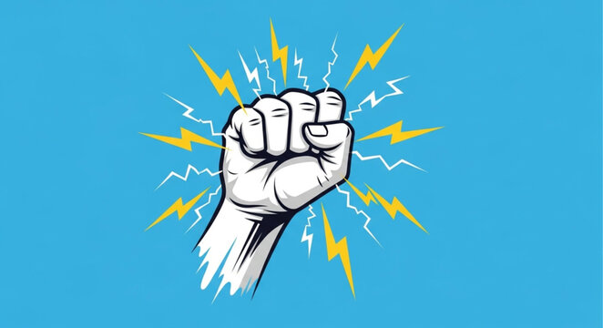 Illustration of a Fist Surrounded by Lightning Bolts on a Blue Background.