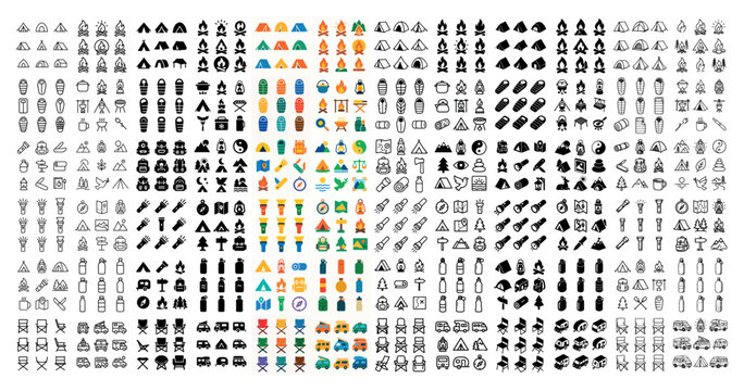 Mixed icons with travel tools food tiny outline