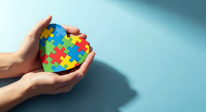 Pair of cupped hands gently holding a heart shape composed entirely of vibrant, interlocking autism awareness puzzle pieces against light blue.