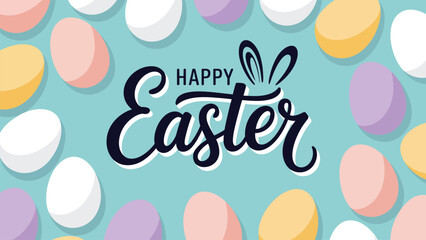 Happy Easter typography with bunny ears surrounded by colorful pastel eggs festive holiday greeting modern calligraphy design on blue background © Icons Queen