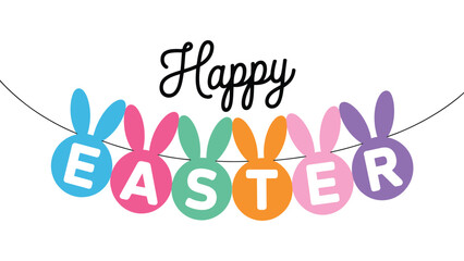 Happy Easter bunting with colorful bunny shapes and lettering festive holiday decoration typography playful design isolated on light background © Icons Queen