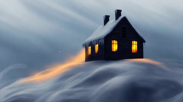 Lonely house stands on a hill under swirling snow at night