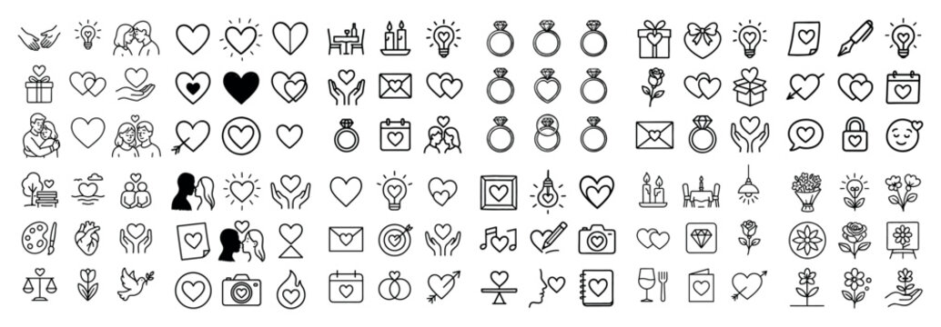 Love icons with heart ring rose outline