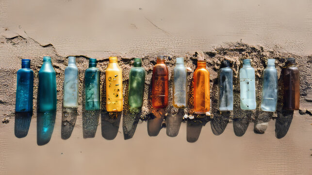 Colorful glass bottles resting on a sandy beach create a striking visual display under the bright sun in a serene coastal setting