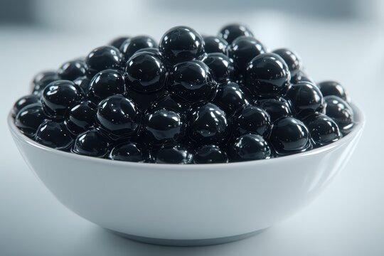 A white bowl filled with glossy black tapioca pearls, ready for bubble tea preparation.