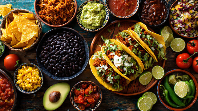 A plate of tacos and various mexican food items