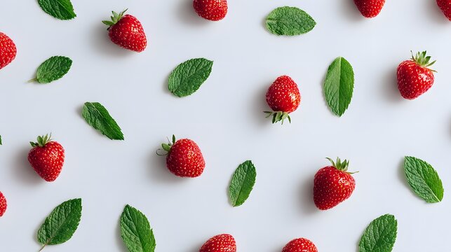 Fresh strawberries and mint leaves arranged in a repeating pattern on a white background