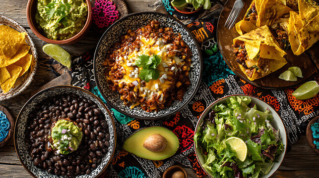 A table with several bowls of mexican food