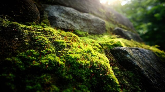 Lush vibrant green moss colonizing a weathered stone wall with dappled sunlight filtering through.