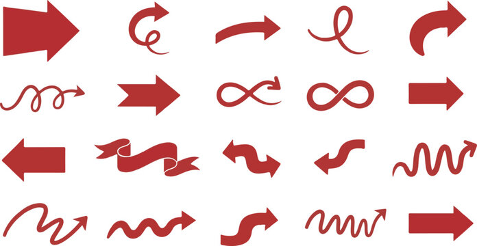 A collection of various red arrows and symbols on a white background