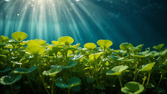 Underwater photo of bladderwort plant. Soft sunlight illuminates green leaves. Water drops on the plant. Calm and peaceful nature scene. Flora at the bottom of the ocean.