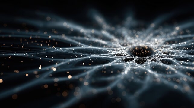 Abstract glowing neural network and dark singularity. Futuristic macro science visualization of brain synapses, artificial intelligence, quantum physics or cosmic black hole concept background