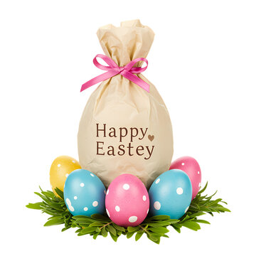 Gift bag with happy easter text surrounded by colorful decorated eggs sitting on green leaves