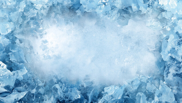 cinematic background of blue ice crystals forming an elegant frame, with space for text in the center.