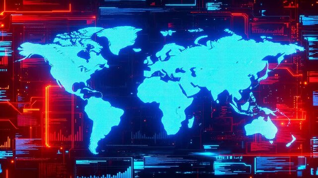 Digital world map with circuit patterns