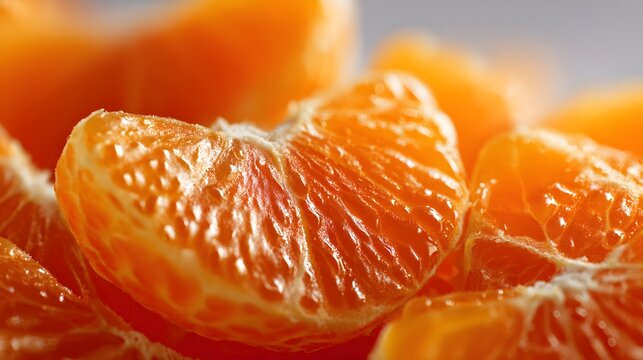 Close-up macro shot of juicy mandarin orange segments glistening with moisture